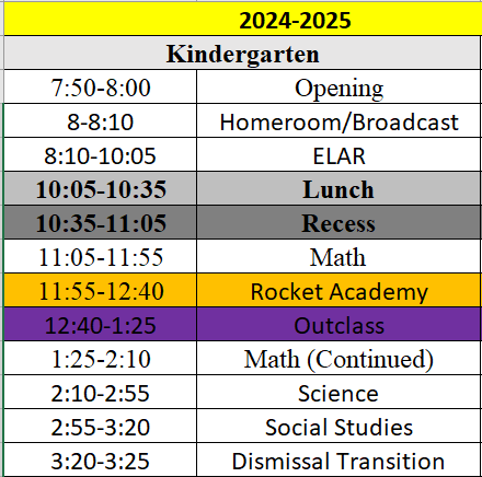 Kindergarten Schedule 2024-2025